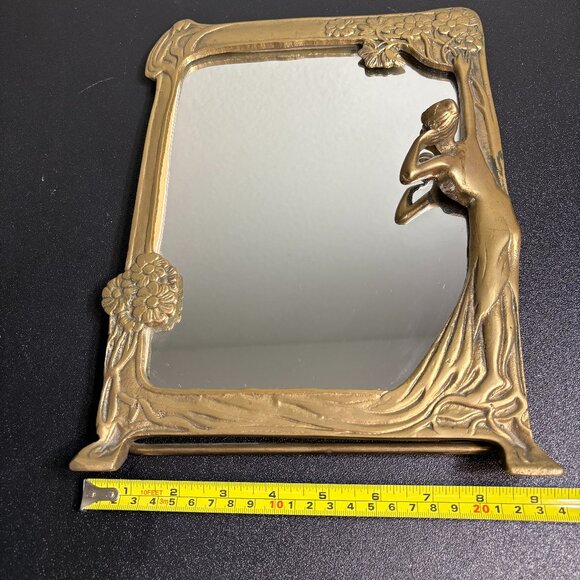 Art Deco Art Nouveau Period Tabletop, Solid Brass Mirror with Woman Figure - Picture 1 of 13